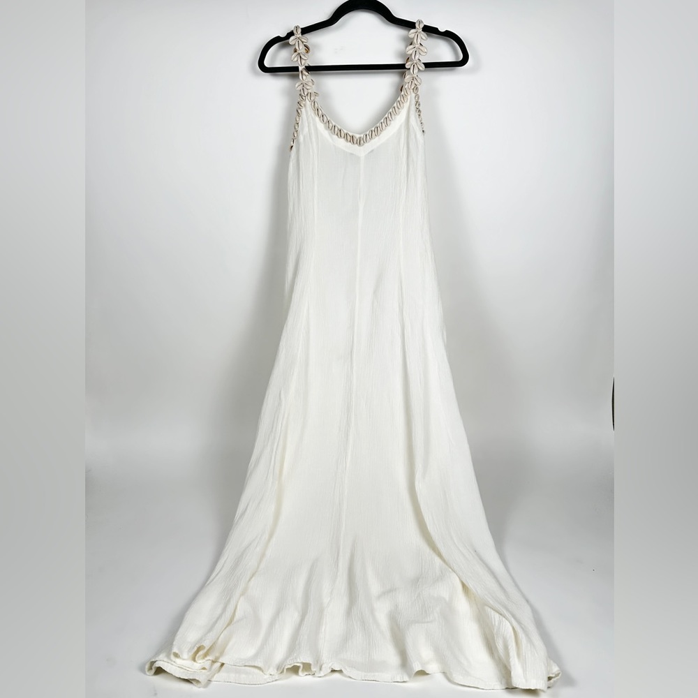 Womens long white maxi summer dress. Sheer, boho, handmade with seashells/beads.